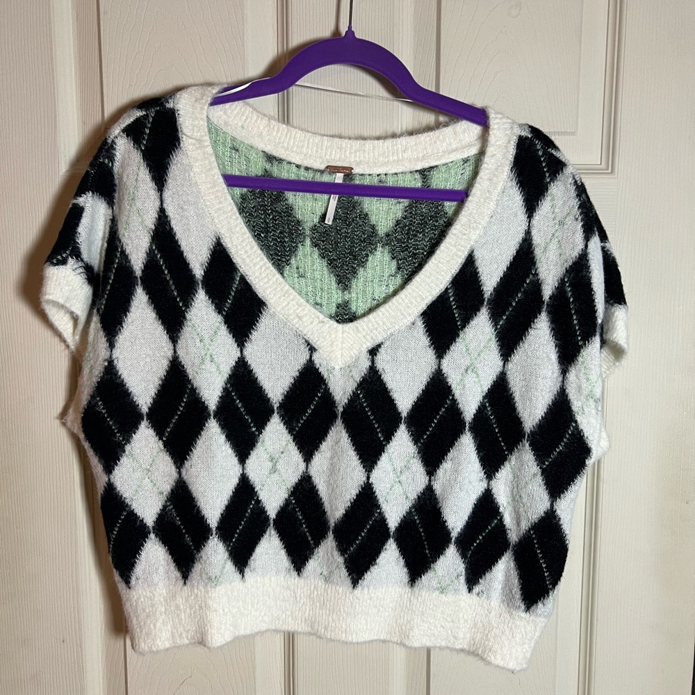 Free People Argyle Knit Sweater Vest in Black and White with green accent